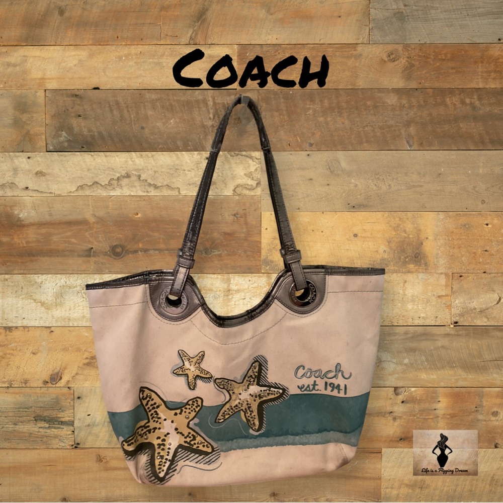 Coach Tan and Green Tote Bag with Whimsical Design